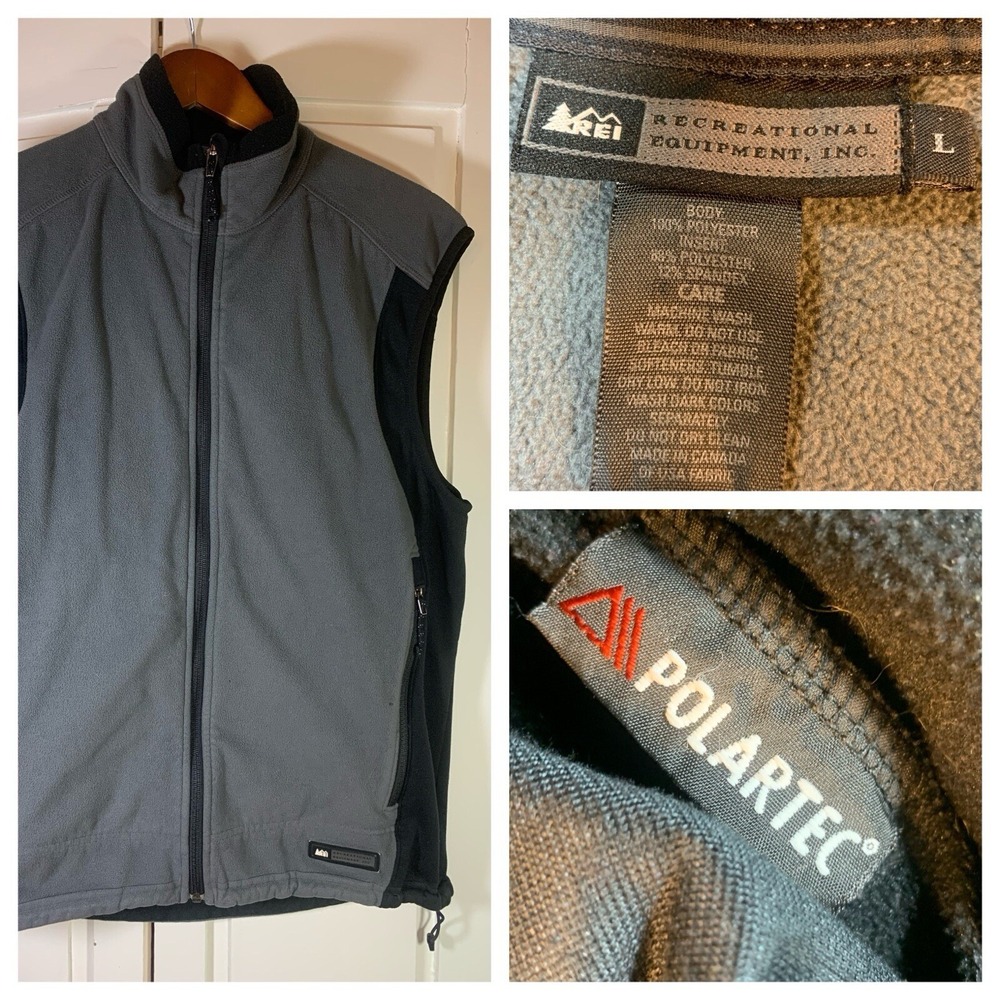 REI Polartec Fleece Vest Men's Large Gray Black Outdoor Hiking Gorpcore FLAWS